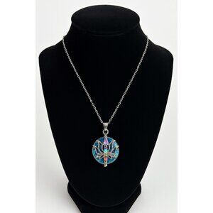 Early 2000s Lotus Chakra Pendant Necklace – Silver Tone with Iridescent Blue Ena